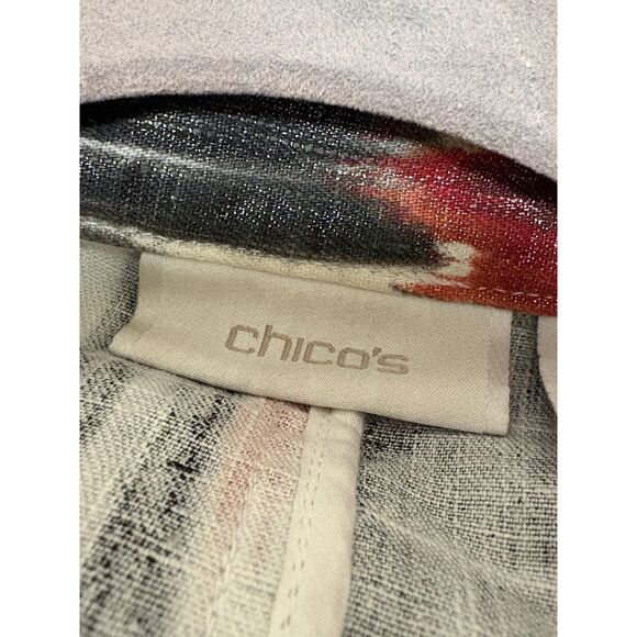 Chicos Jacket Womens Size 2 Large Red Black White Linen Blend Ikat Print Open Fr - Picture 4 of 6
